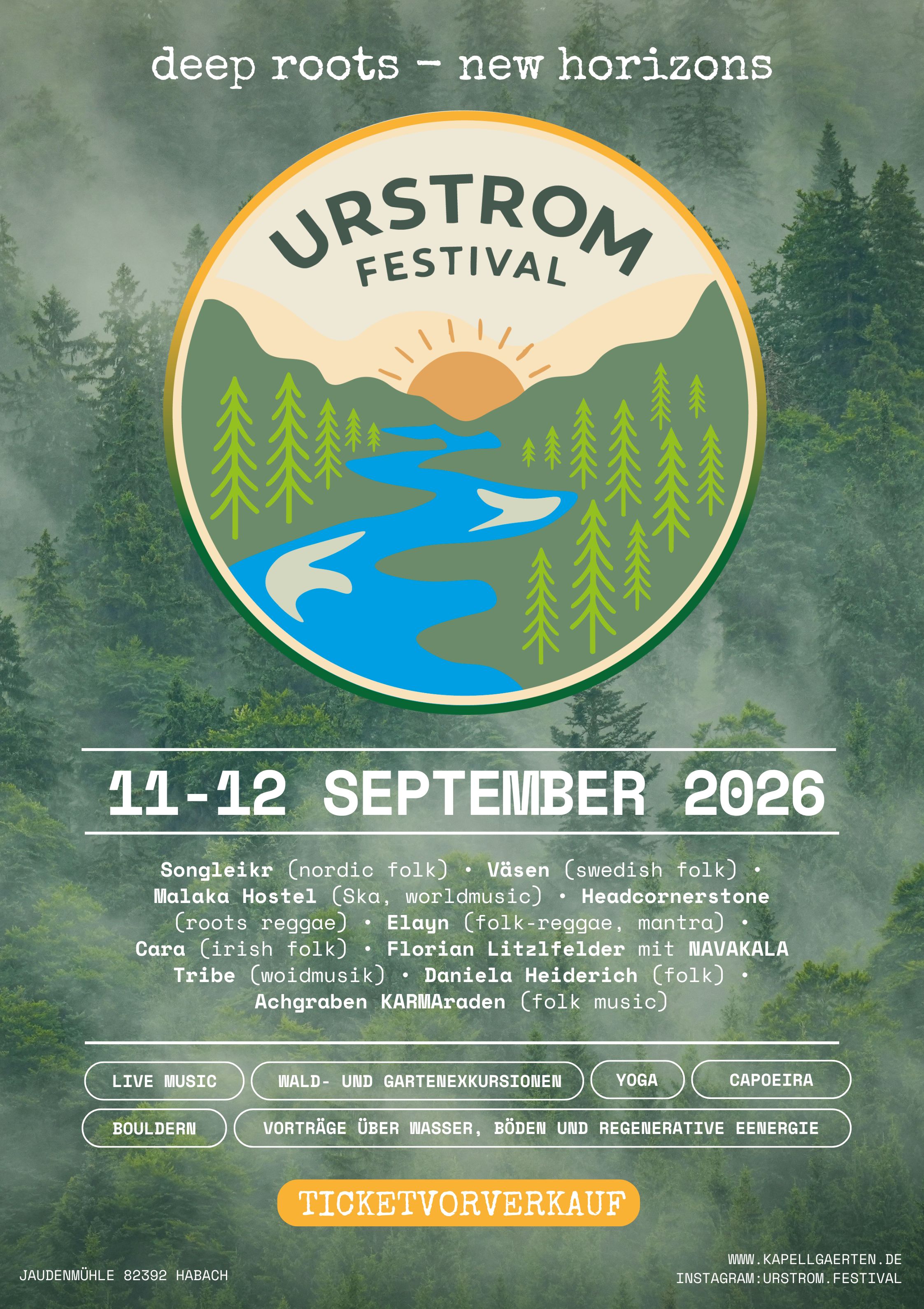 Plakat für das Urstrom Festival mit Waldhintergrund. Infos im Text unterhalb.